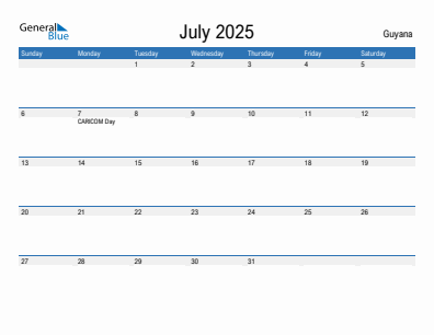 Current month calendar with Guyana holidays for July 2025