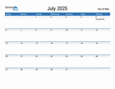 Current month calendar with Isle of Man holidays for July 2025