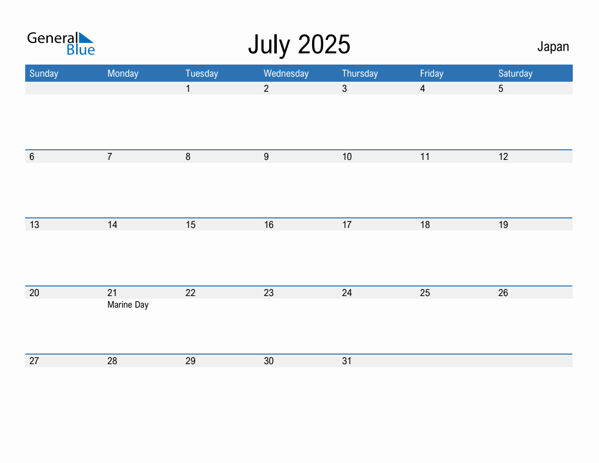 July 2025 Monthly Calendar with Japan Holidays