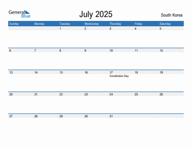 Current month calendar with South Korea holidays for July 2025
