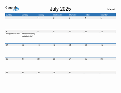 Current month calendar with Malawi holidays for July 2025