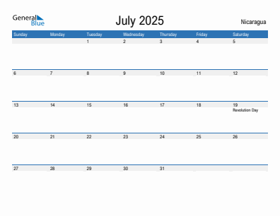 Current month calendar with Nicaragua holidays for July 2025