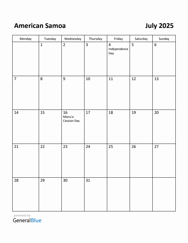 July 2025 Calendar with American Samoa Holidays