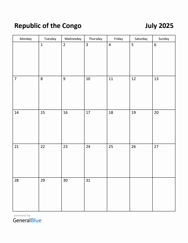 July 2025 Calendar with Republic of the Congo Holidays