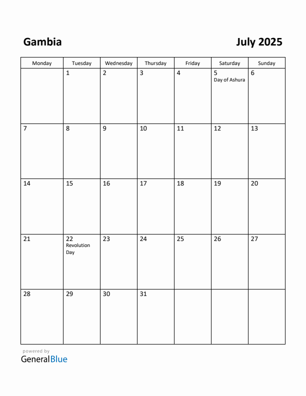July 2025 Calendar with Gambia Holidays