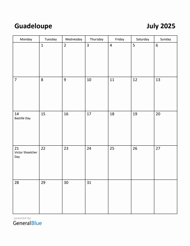 July 2025 Calendar with Guadeloupe Holidays