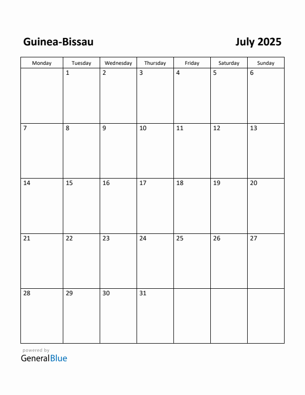 July 2025 Calendar with Guinea-Bissau Holidays