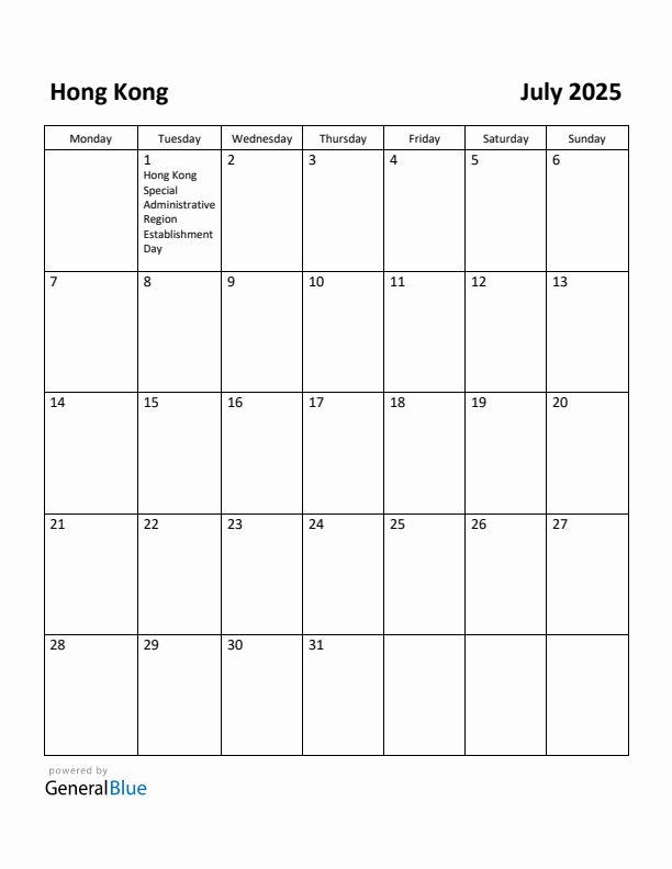 July 2025 Calendar with Hong Kong Holidays