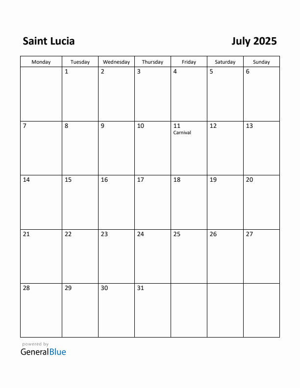 July 2025 Calendar with Saint Lucia Holidays