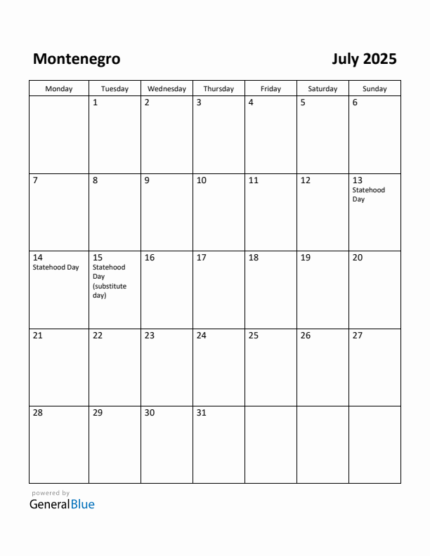 July 2025 Calendar with Montenegro Holidays