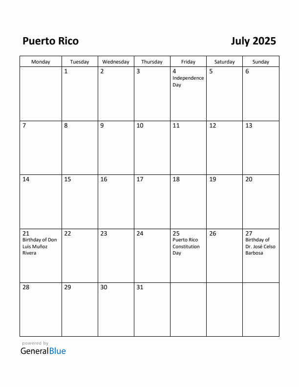 July 2025 Calendar with Puerto Rico Holidays