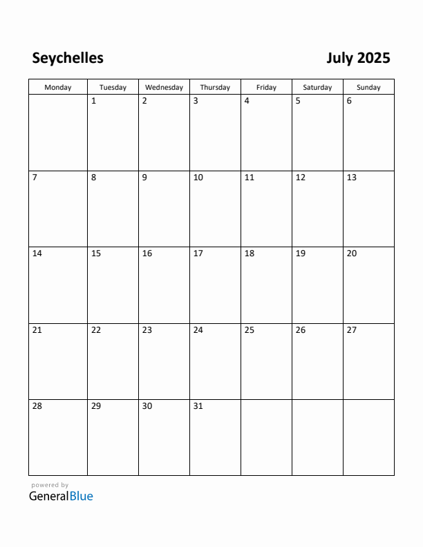 July 2025 Calendar with Seychelles Holidays