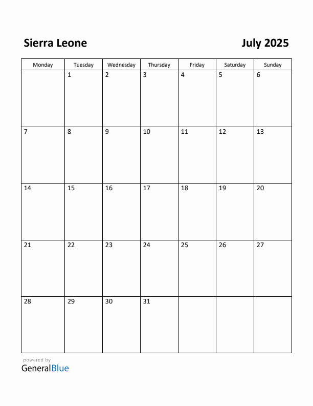 July 2025 Calendar with Sierra Leone Holidays