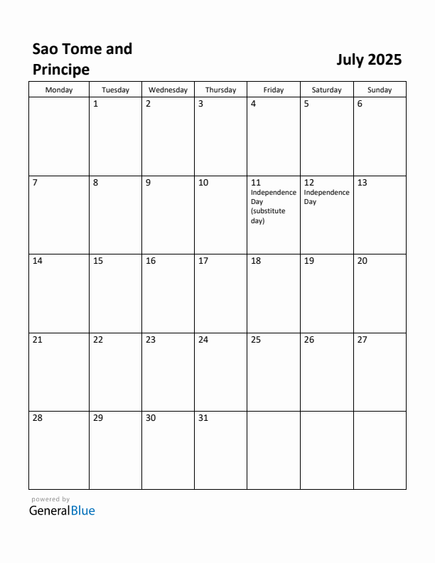 July 2025 Calendar with Sao Tome and Principe Holidays