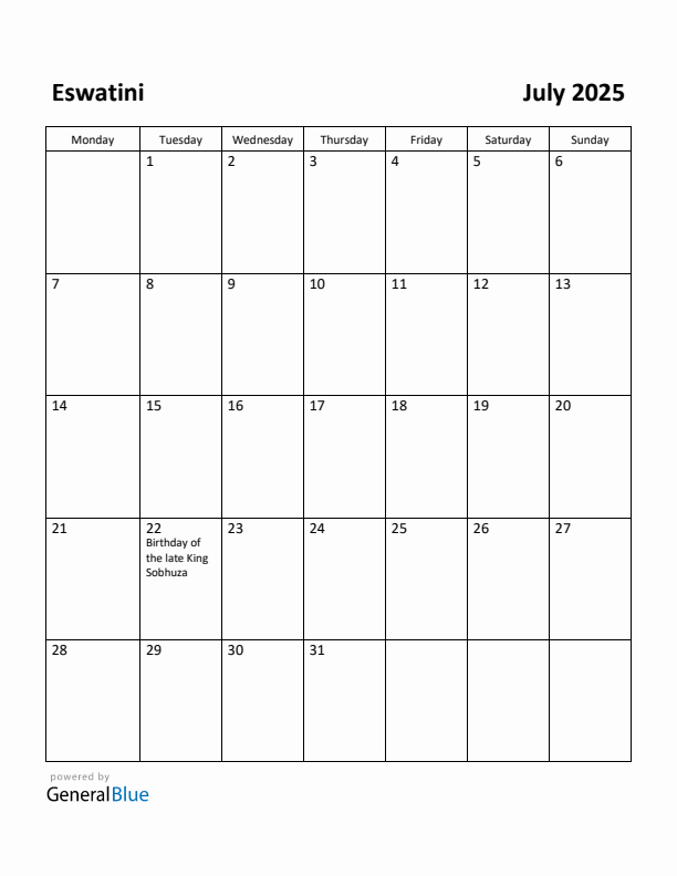 July 2025 Calendar with Eswatini Holidays