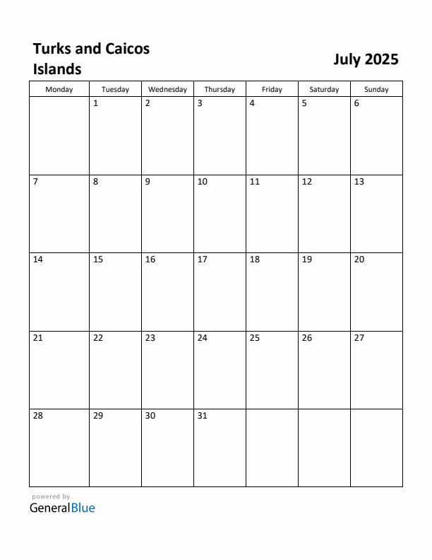 July 2025 Calendar with Turks and Caicos Islands Holidays