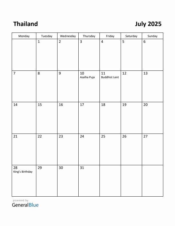 July 2025 Calendar with Thailand Holidays