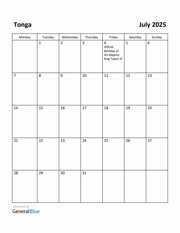 July 2025 Calendar with Tonga Holidays