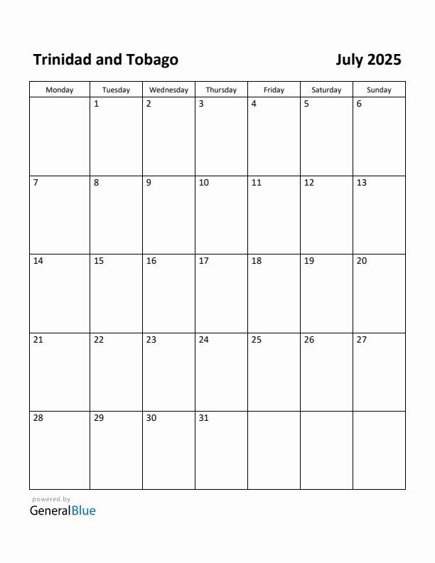 July 2025 Calendar with Trinidad and Tobago Holidays