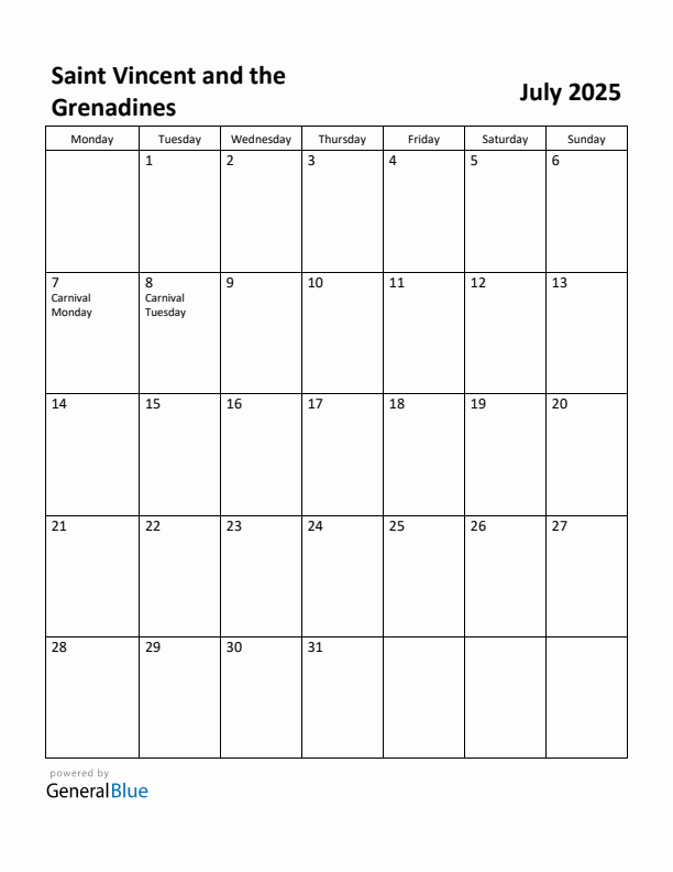 July 2025 Calendar with Saint Vincent and the Grenadines Holidays