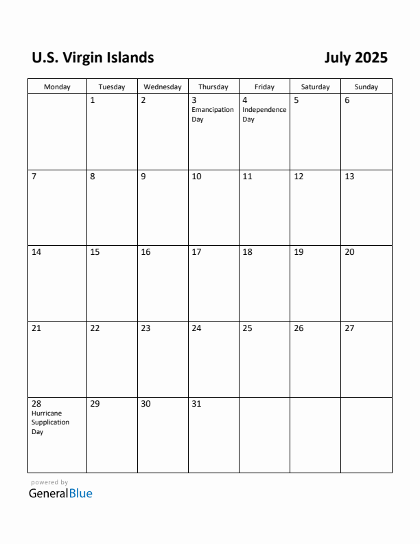 July 2025 Calendar with U.S. Virgin Islands Holidays