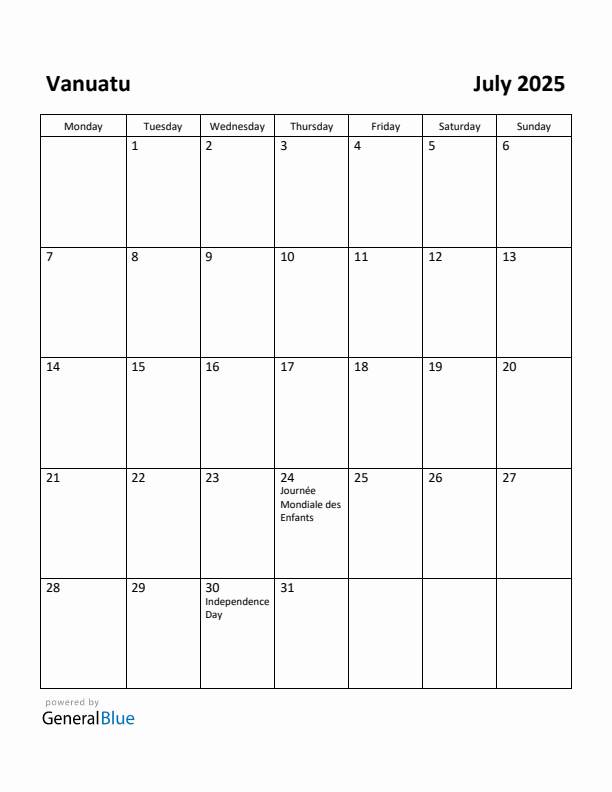 July 2025 Calendar with Vanuatu Holidays