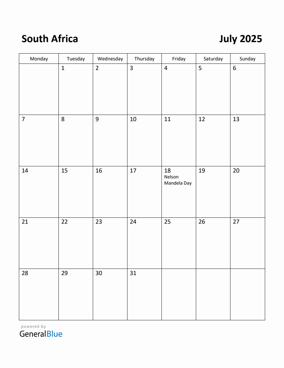 Free Printable July 2025 Calendar for South Africa (Monday Start)