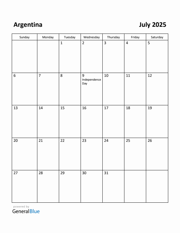 July 2025 Calendar with Argentina Holidays