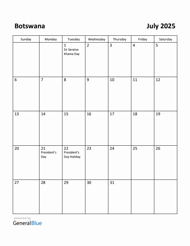July 2025 Calendar with Botswana Holidays