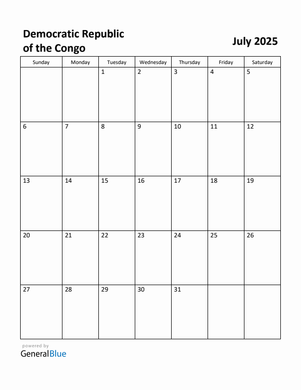 July 2025 Calendar with Democratic Republic of the Congo Holidays