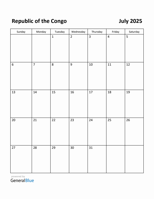 July 2025 Calendar with Republic of the Congo Holidays