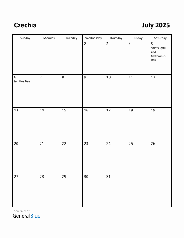 July 2025 Calendar with Czechia Holidays