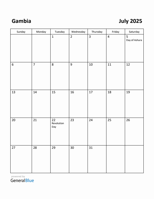 July 2025 Calendar with Gambia Holidays