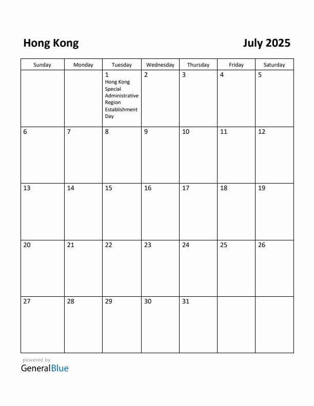 July 2025 Calendar with Hong Kong Holidays