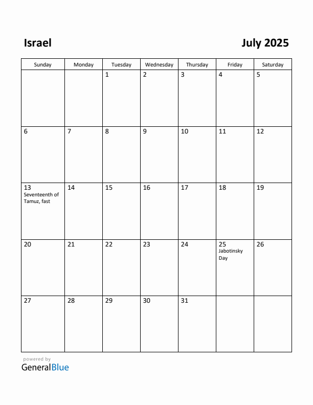 July 2025 Calendar with Israel Holidays