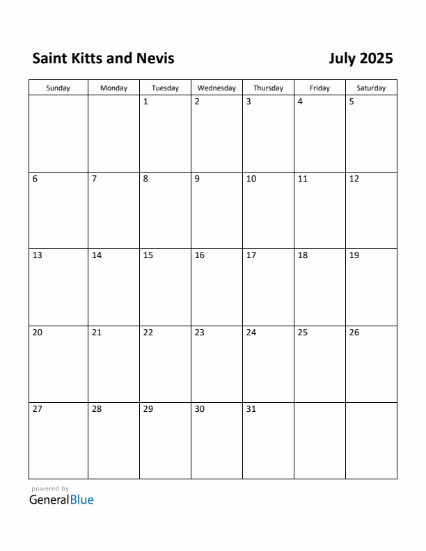 July 2025 Calendar with Saint Kitts and Nevis Holidays