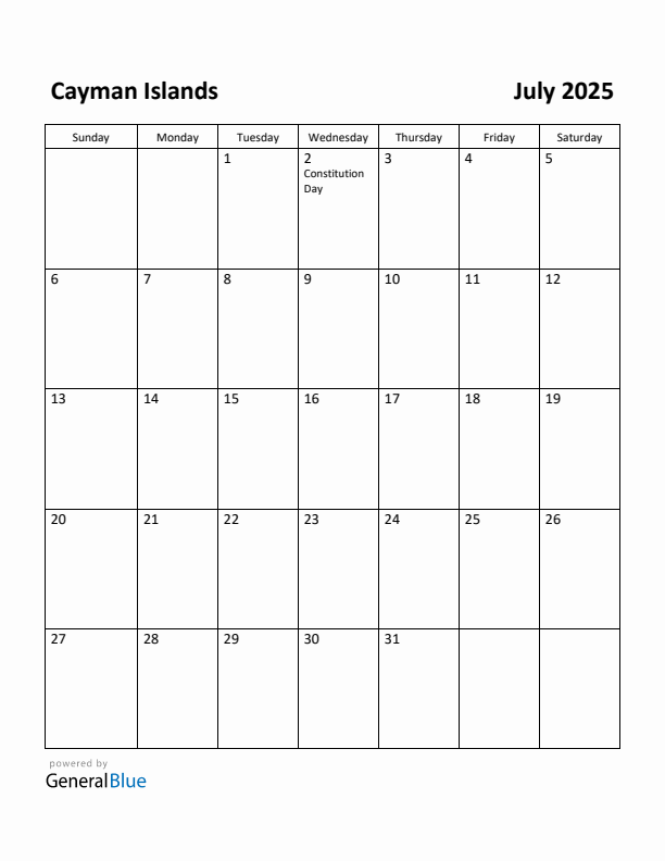 July 2025 Calendar with Cayman Islands Holidays