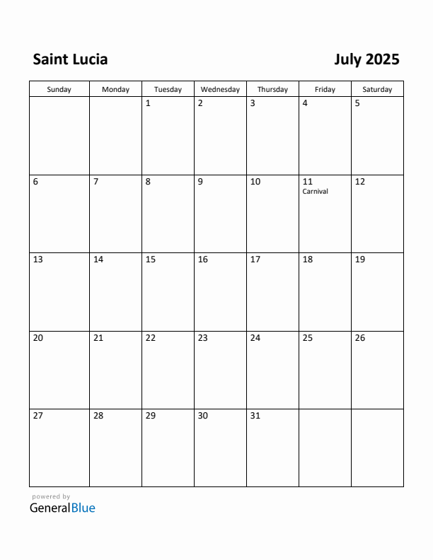 July 2025 Calendar with Saint Lucia Holidays