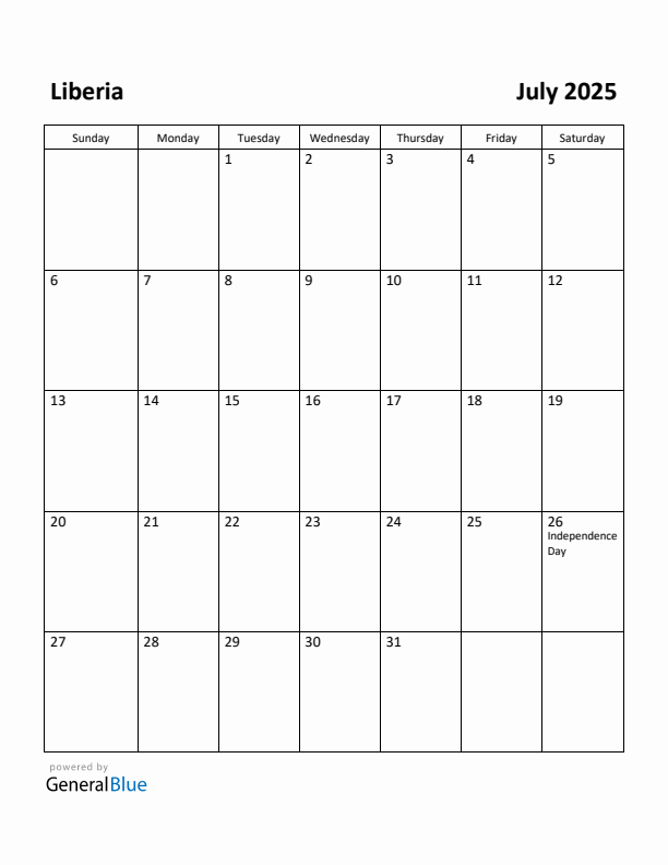 July 2025 Calendar with Liberia Holidays