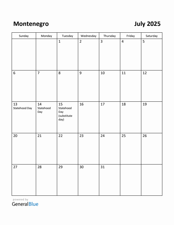 July 2025 Calendar with Montenegro Holidays