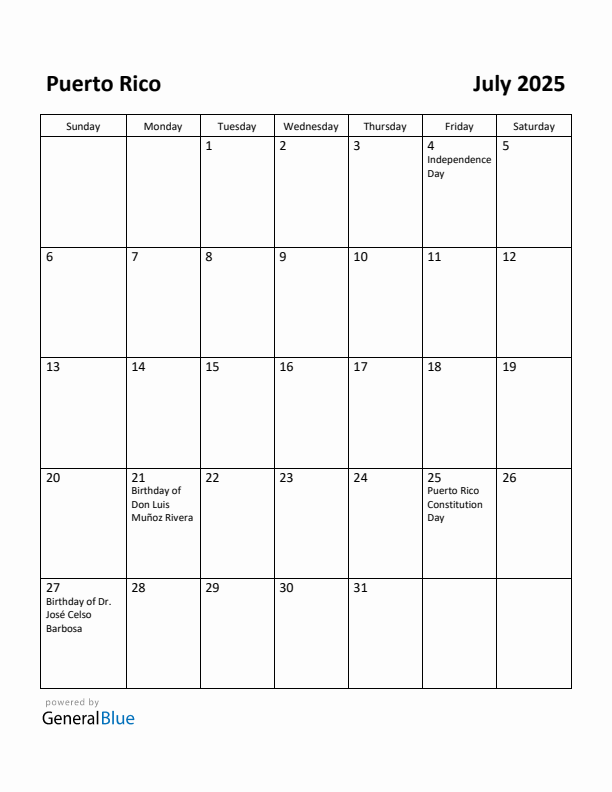 July 2025 Calendar with Puerto Rico Holidays