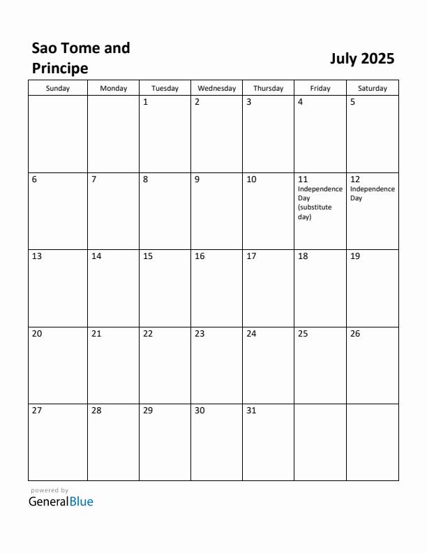 July 2025 Calendar with Sao Tome and Principe Holidays