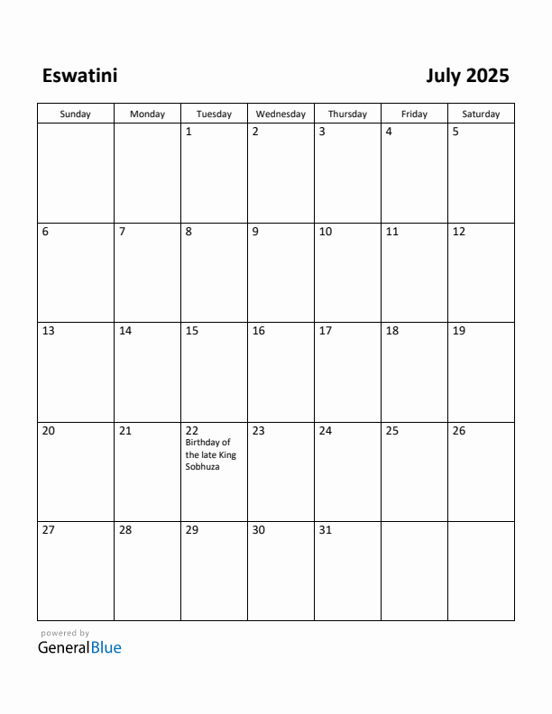 July 2025 Calendar with Eswatini Holidays
