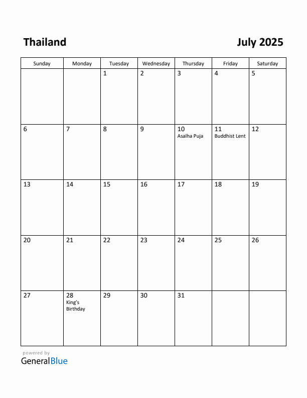July 2025 Calendar with Thailand Holidays