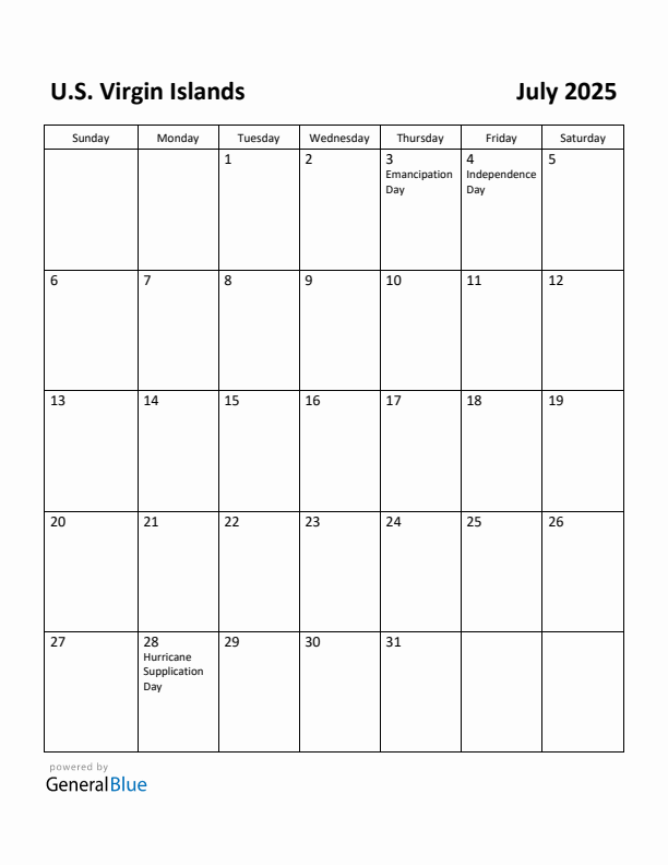 July 2025 Calendar with U.S. Virgin Islands Holidays