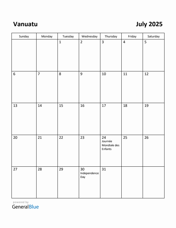 July 2025 Calendar with Vanuatu Holidays