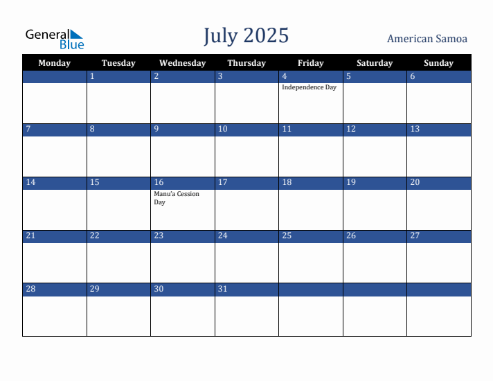 July 2025 American Samoa Calendar (Monday Start)