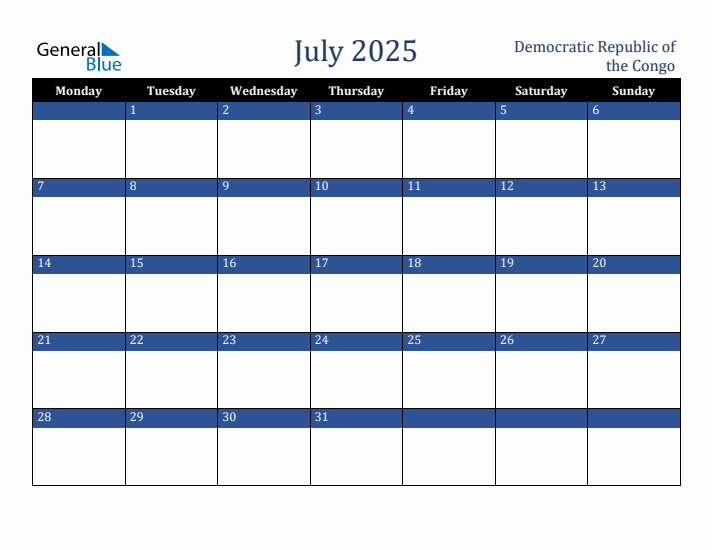 July 2025 Democratic Republic of the Congo Calendar (Monday Start)