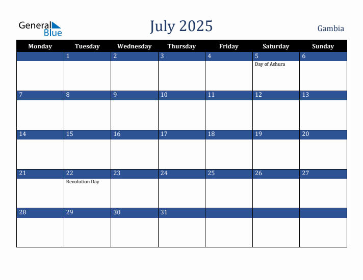 July 2025 Gambia Calendar (Monday Start)
