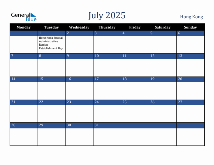 July 2025 Hong Kong Calendar (Monday Start)